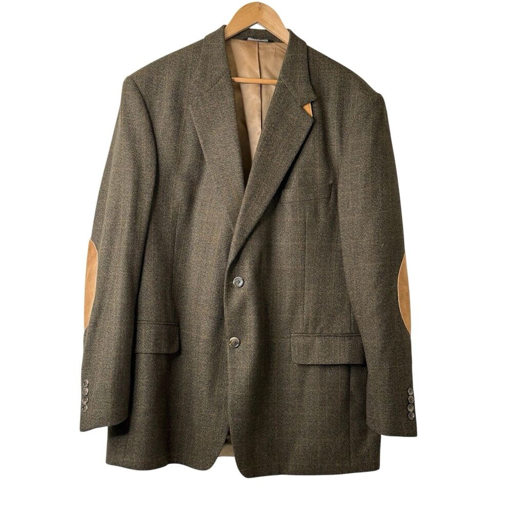 VTG Evan Picone Mens 44L Brown Tweed Hunting Sport Coat Suede Elbow Patch Blazer